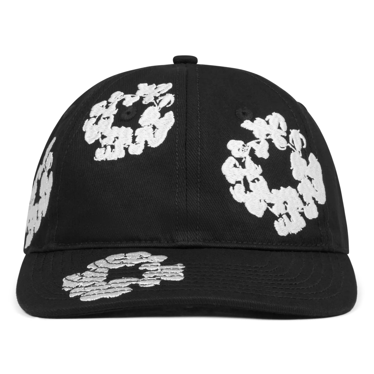 Denim Tears The Cotton Wreath Cap Black vista frontale – cappellino nero streetwear
