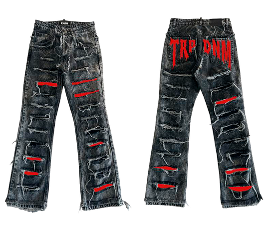 Trap Denim - Red Print Ripped Flare Denim "Ignis" Collection