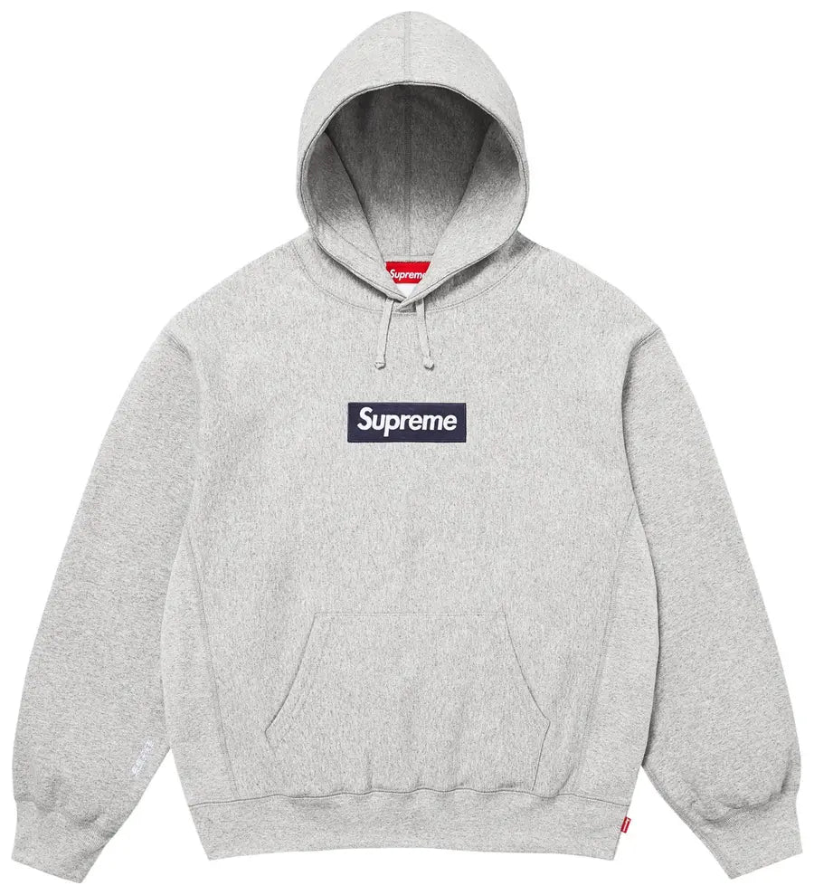 Supreme Box Logo Hooded Sweatshirt Heather Grey vista frontale – felpa Supreme grigio mélange streetwear