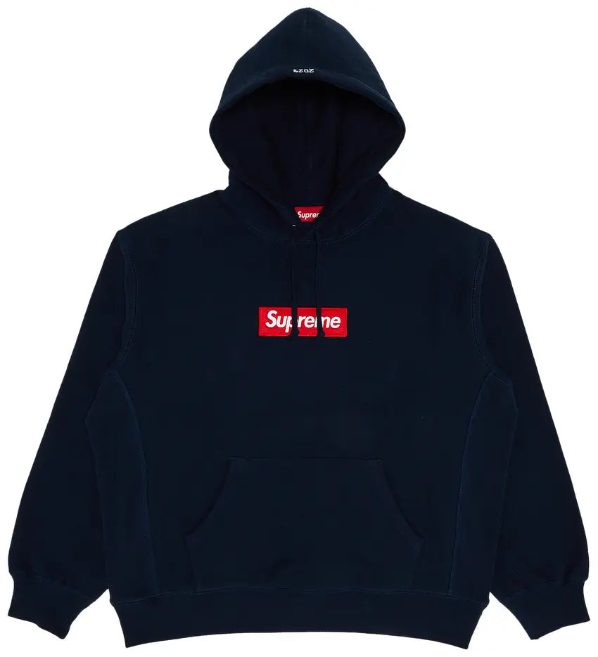 Supreme Box Logo Hooded Sweatshirt Navy vista frontale – felpa Supreme blu navy streetwear