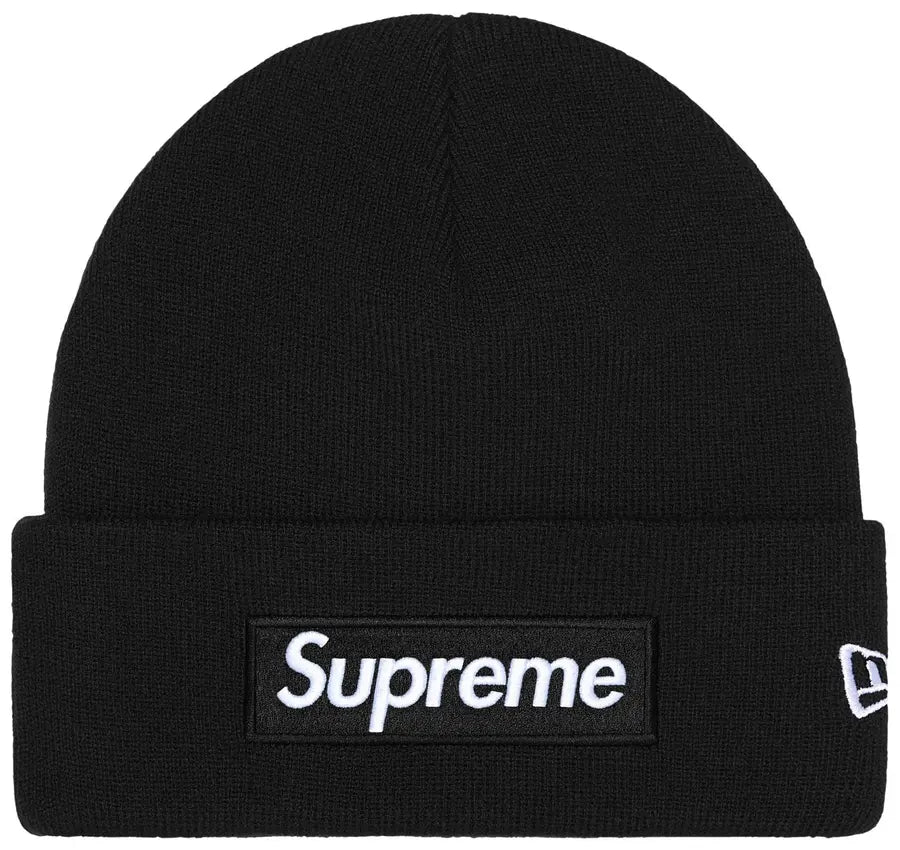 Supreme New Era Box Logo Beanie Black vista frontale – berretto nero Supreme streetwear