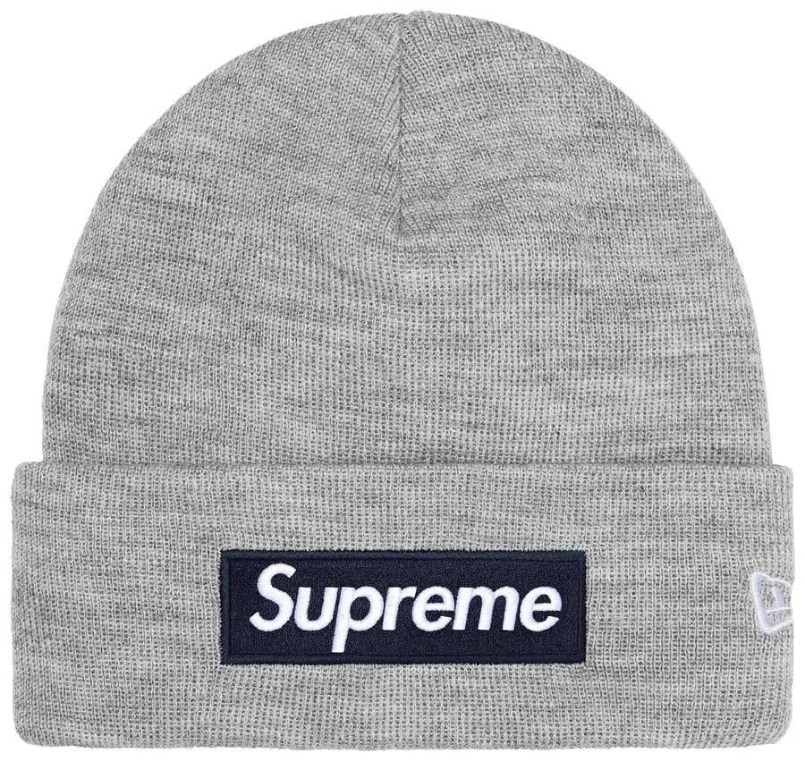 Supreme New Era Box Logo Beanie Heather Grey vista frontale – berretto grigio mélange Supreme streetwear