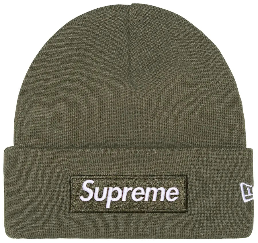 Supreme New Era Box Logo Beanie Light Olive vista frontale – beanie verde chiaro Supreme streetwear