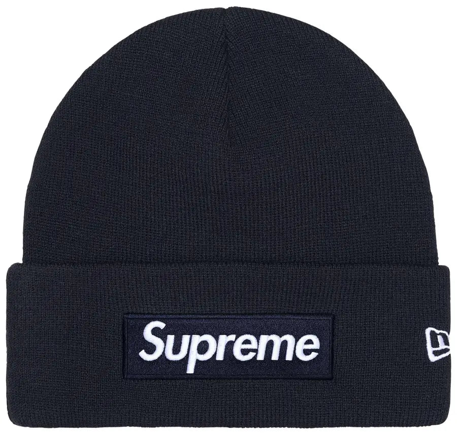 Supreme New Era Box Logo Beanie Navy vista frontale – berretto streetwear blu scuro Supreme