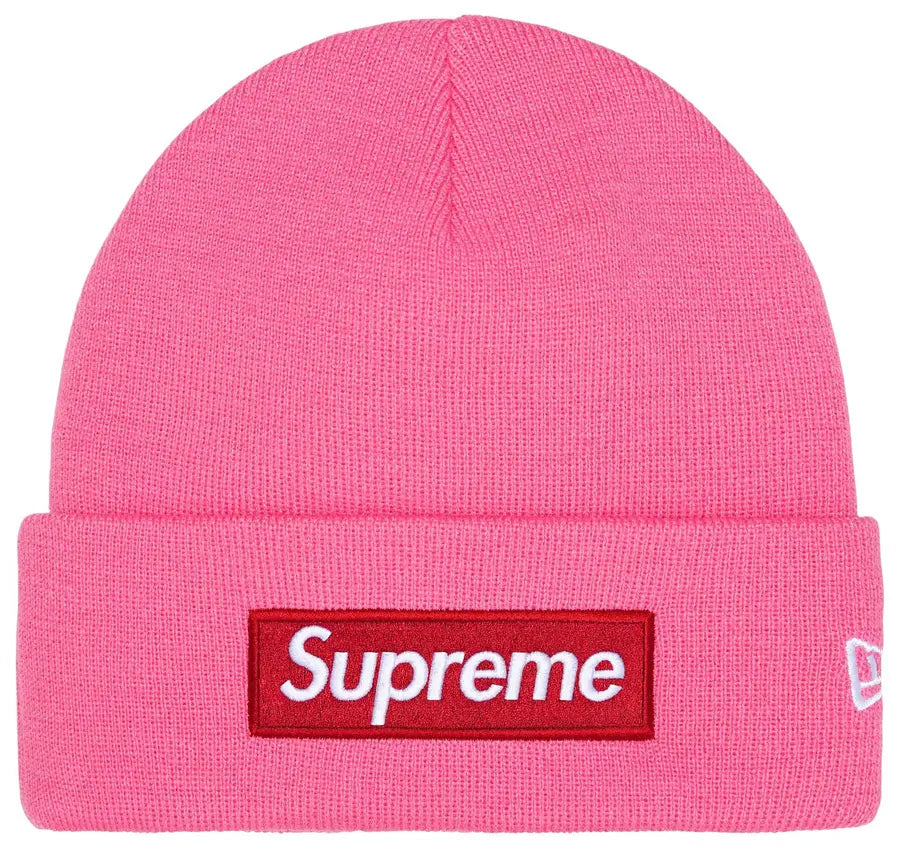 Supreme New Era Box Logo Beanie Pink vista frontale – beanie rosa Supreme streetwear