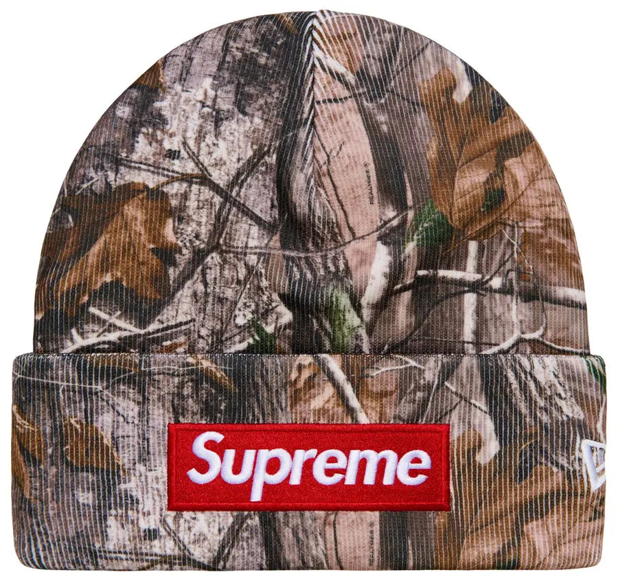 Supreme New Era Box Logo Beanie Realtree AP Camo vista frontale – berretto camouflage Supreme streetwear