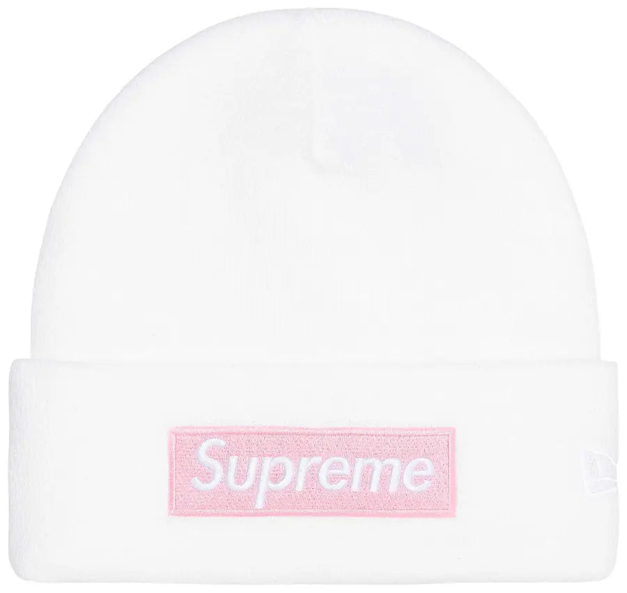 Supreme New Era Box Logo Beanie White vista frontale – berretto bianco Supreme streetwear